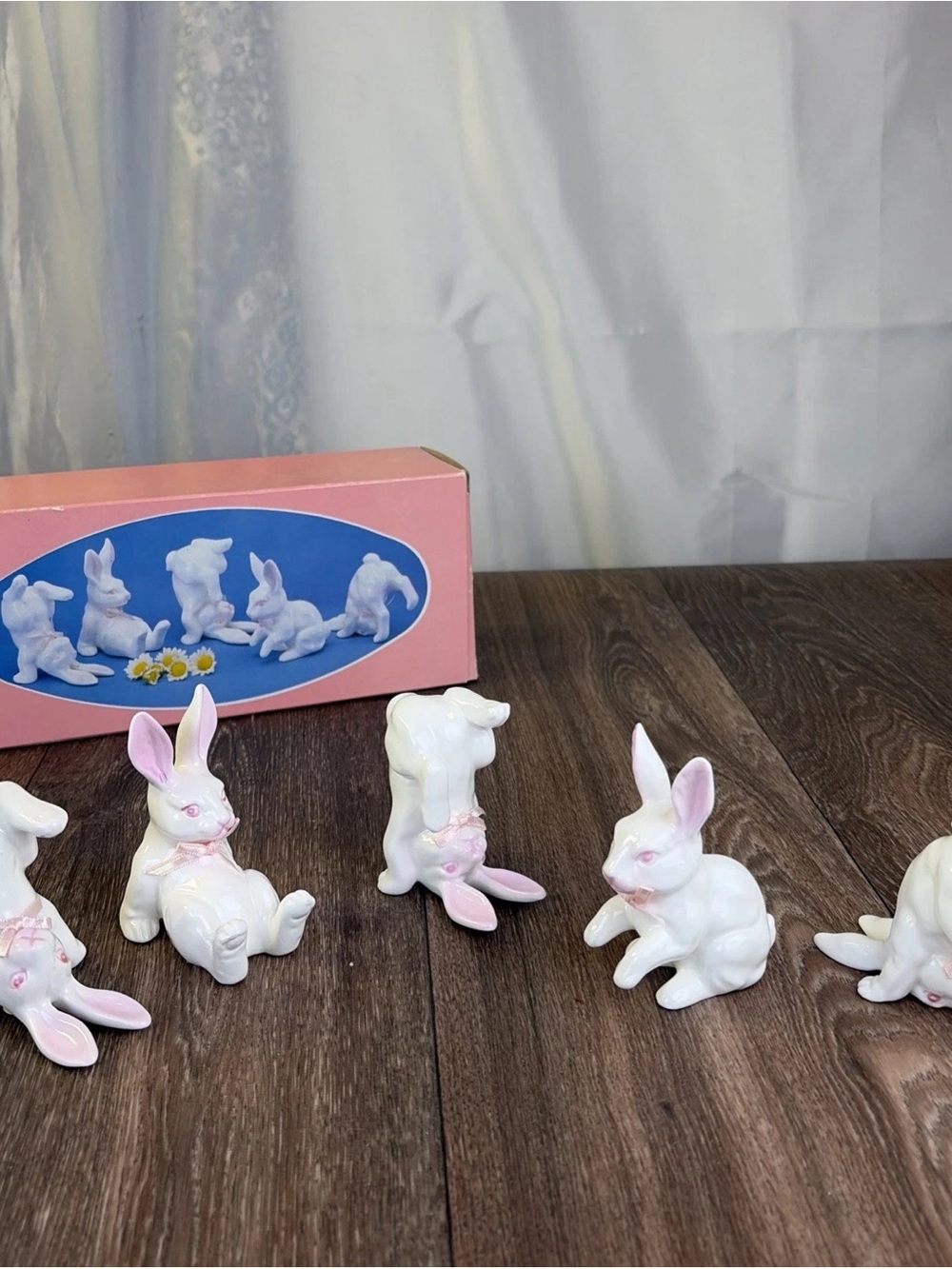 Set of 5 Bone China 3.5" Small Tumbling Bunnies Rabbit Figurines White Pink